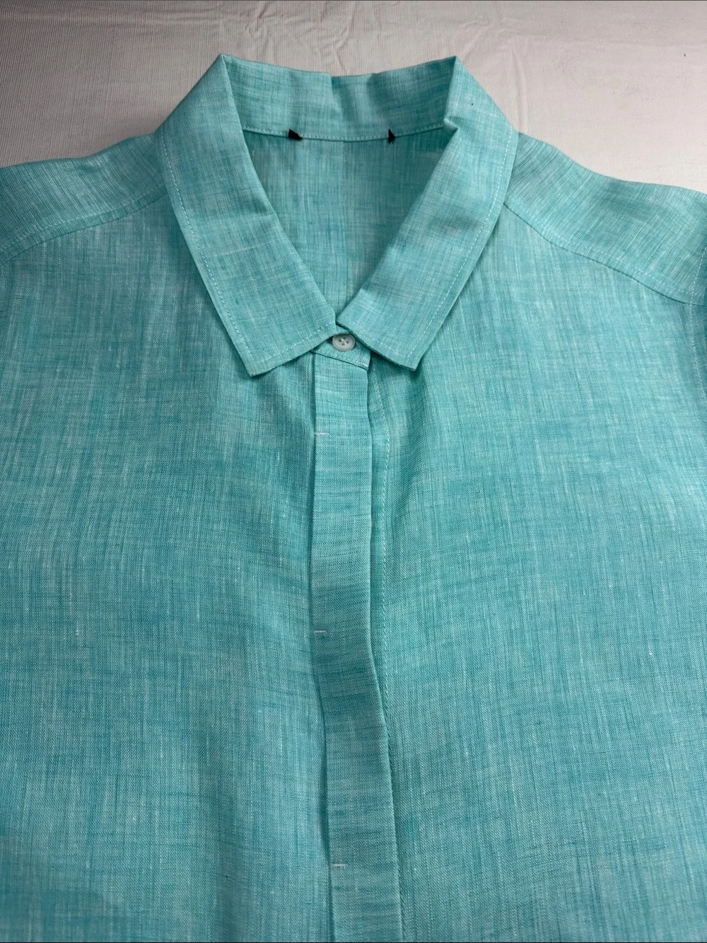 Lafayette 148 Aqua Linen Button-Down Shirt 3/4 Sleeves Side Pockets Size L - Picture 3 of 14